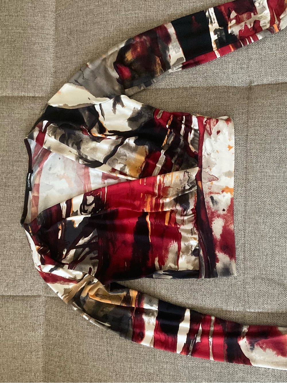 Fashion Nova Abstract Satin Bomber Jacket - Red, Cream & Black